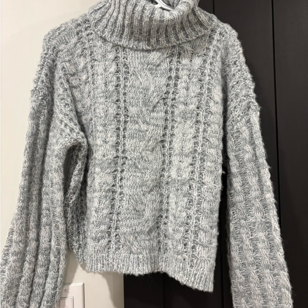 Cozy Gray Cable Knit Turtleneck Sweater